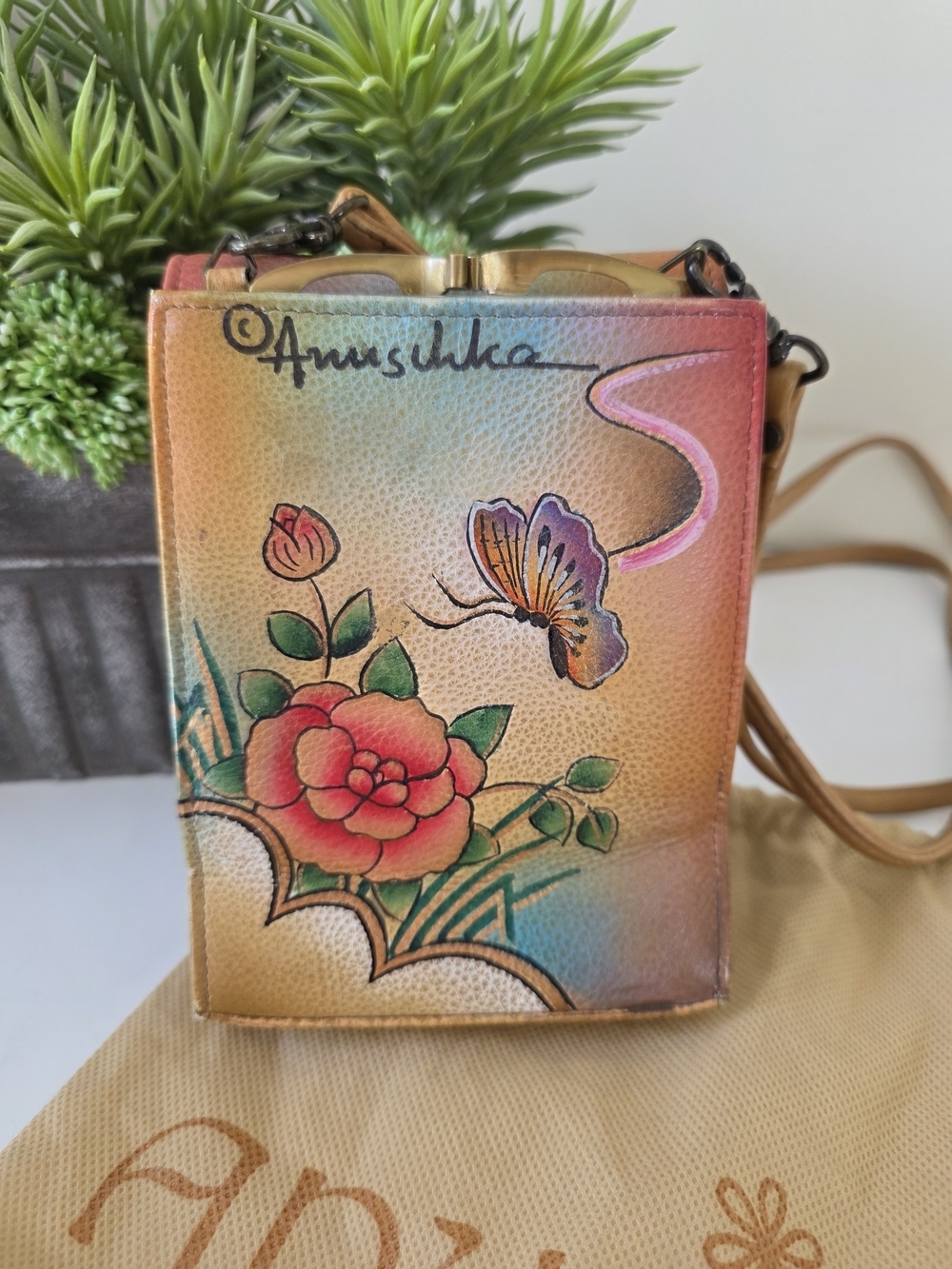 Anuschka Hand Painted Leather Crossbody Bag Butterfly Floral Mini Purse Clutch - Picture 9 of 16